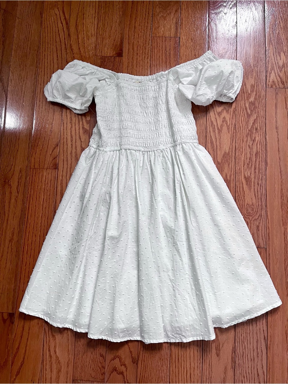 Jolt White Swiss-Dot Off-Shoulder Puff Sleeve Dress
